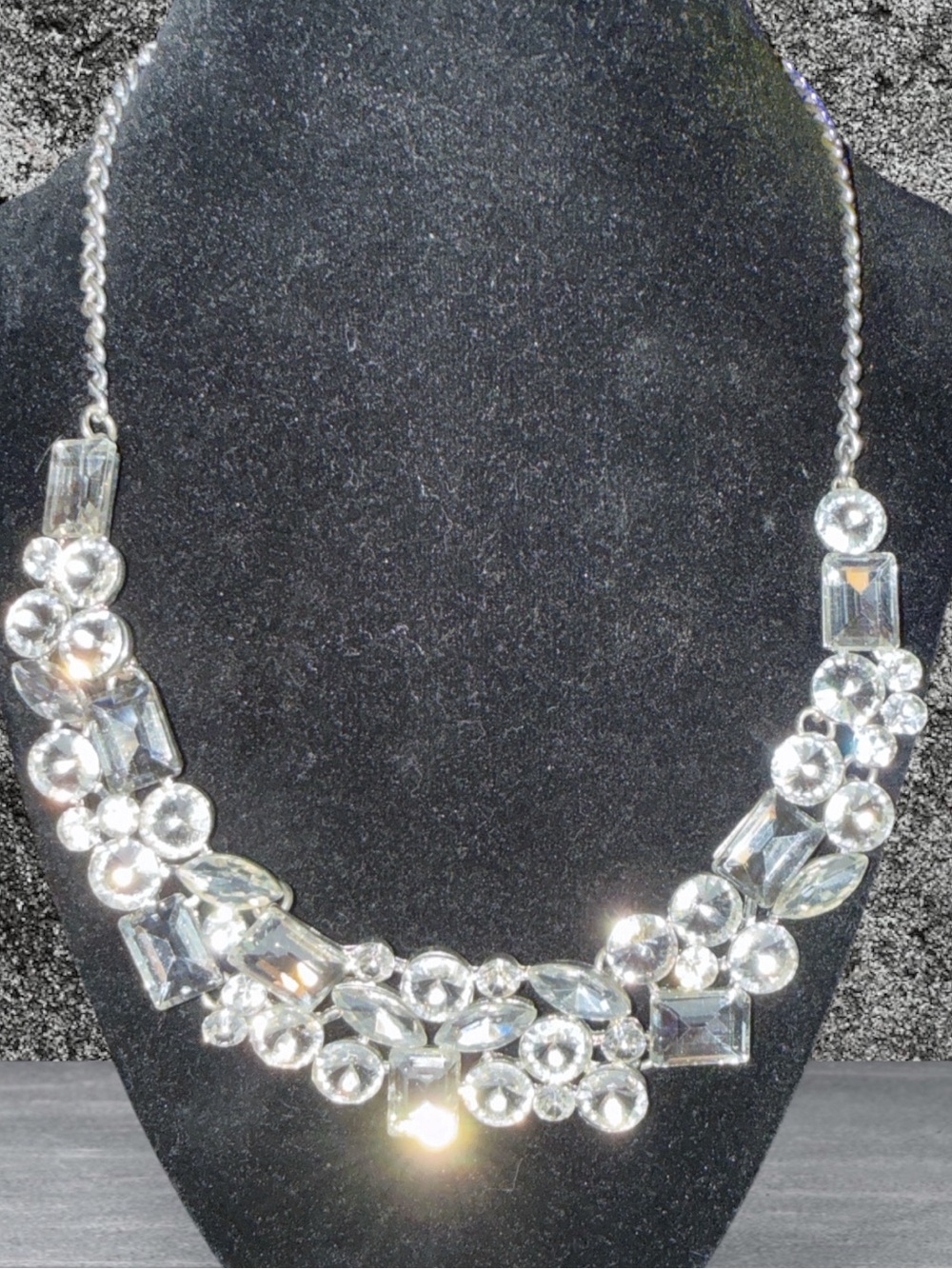 Vintage Silver Tone Crystal Statement Necklace 16” Adjustable Bib Necklace